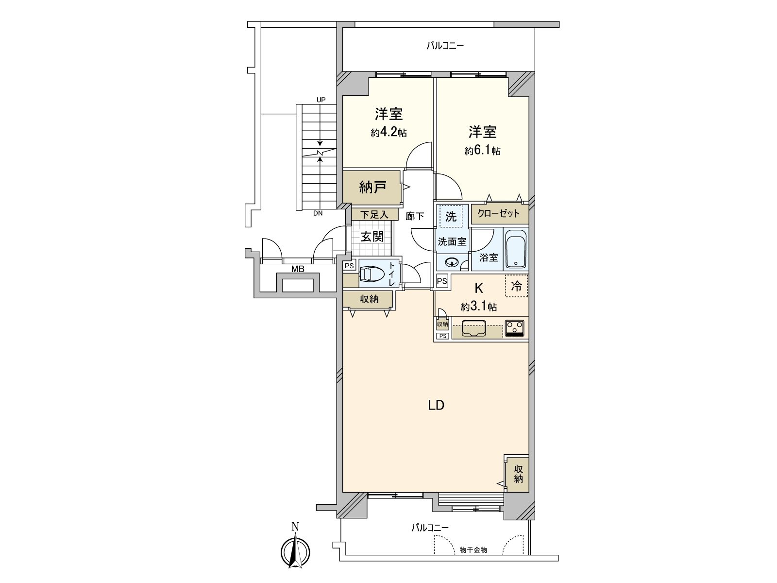 [平面圖]是光照、通風在南北兩面派陽台良好的2LDK。