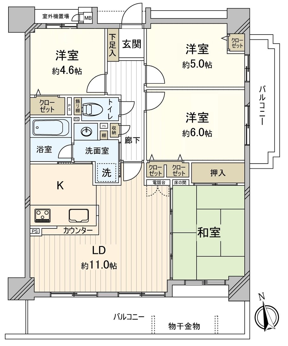 I arrive to floor plan Japanese-style room and the 4LDK Southeast of Western-style room three rooms, and the sun, ventilation is good