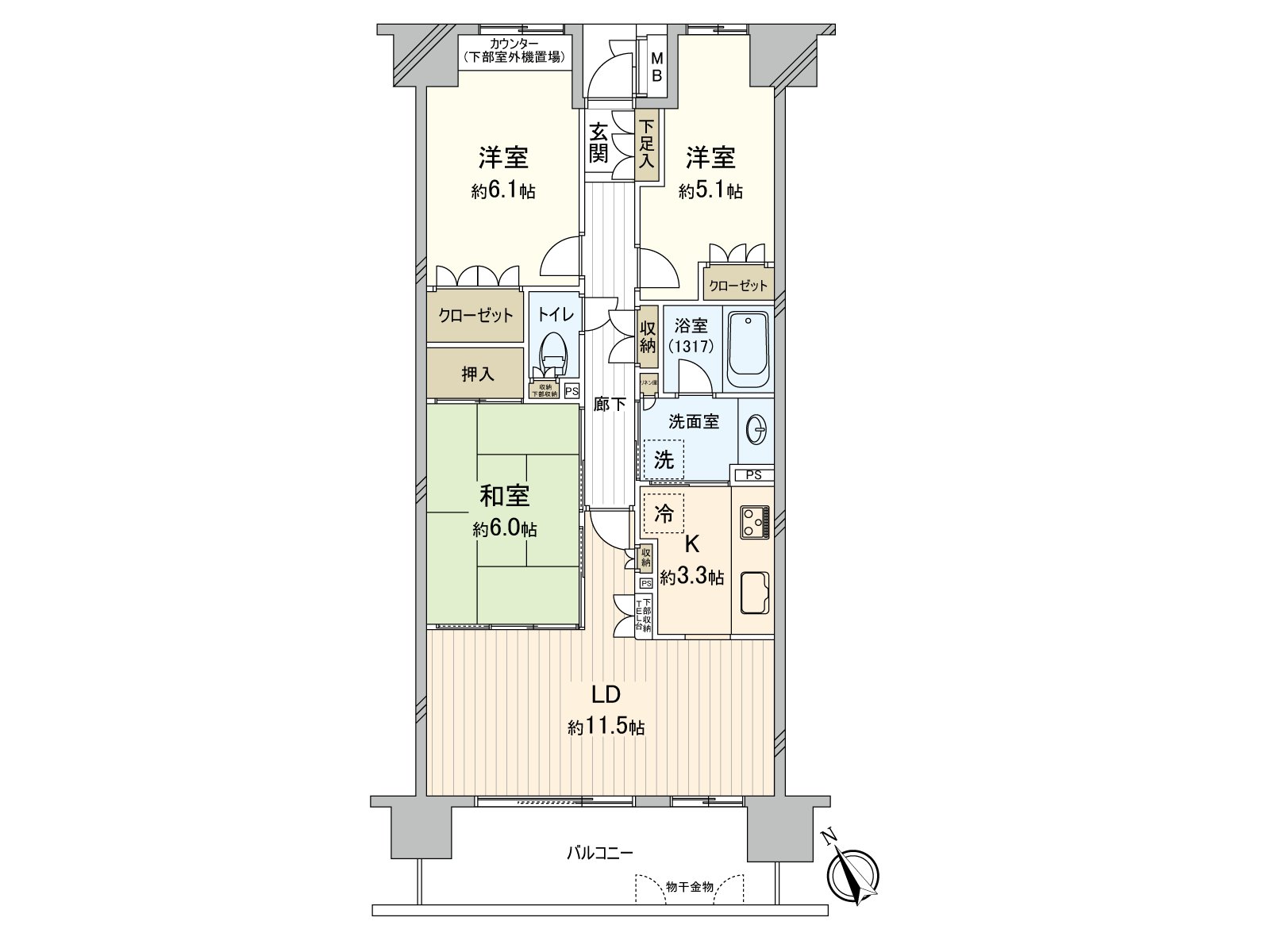 [房型图]在各居室有收纳的房型。使朝南的客餐厅同继续之间的日式房间相适应的话有约17.5张塌塌米面积。