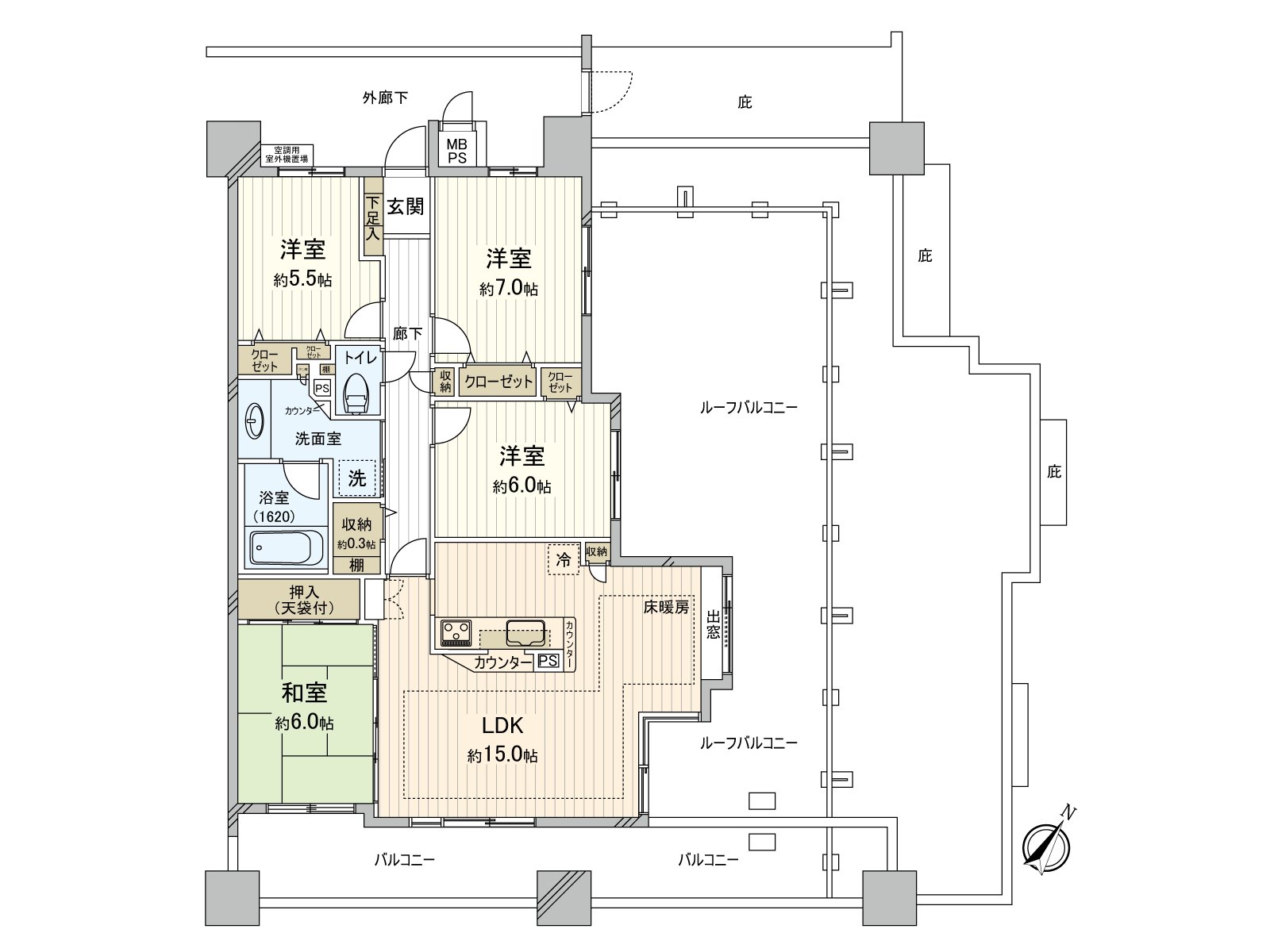 [floor plan] The east side corner unit. It is an authority of sunshine-like good room with two terrace.