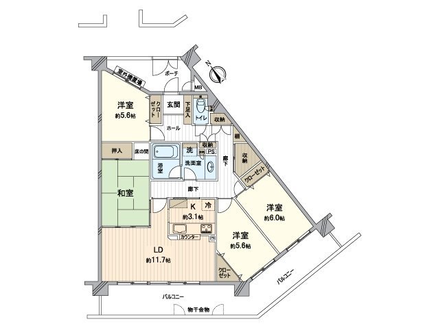 [floor plan] Storing-rich 4LDK where a place equipped with a water supply was gathered up in the center. Living and dining room and Western-style room two rooms face the south side terrace.