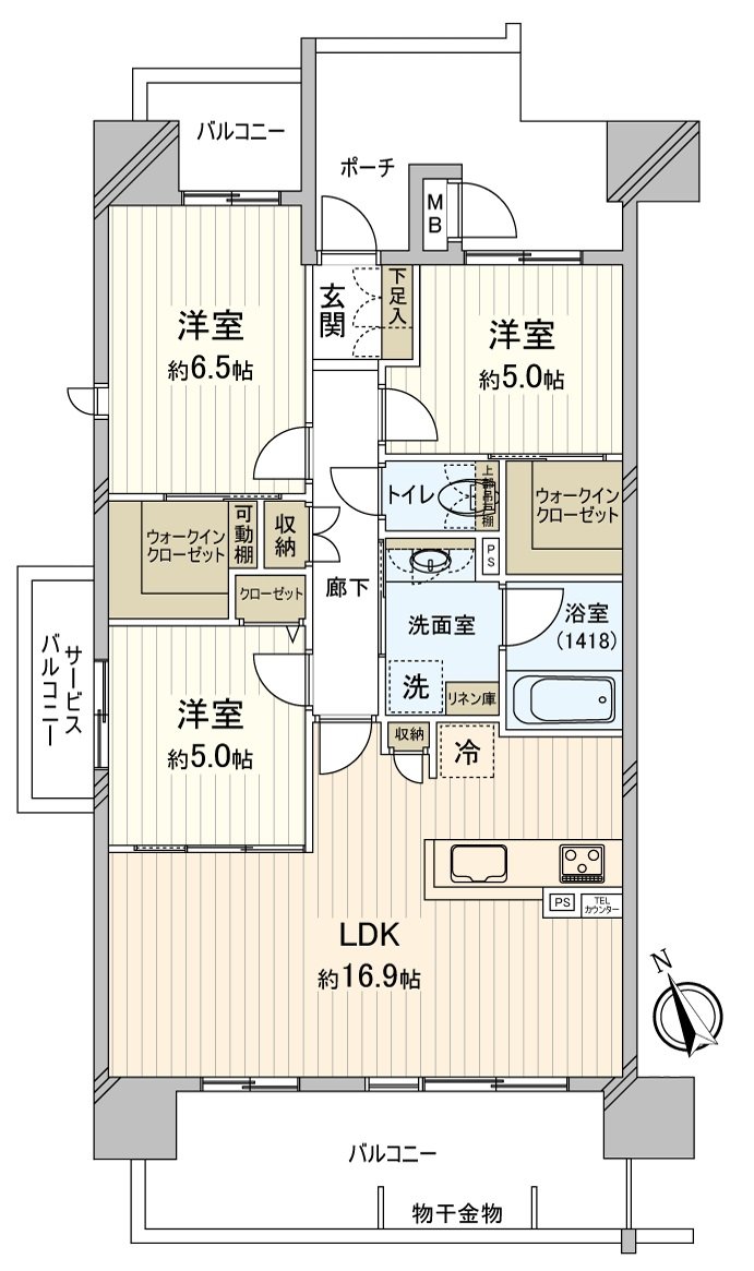 平面圖：能靈活運用於彈性根據家族的生活方式的3LDK的家。