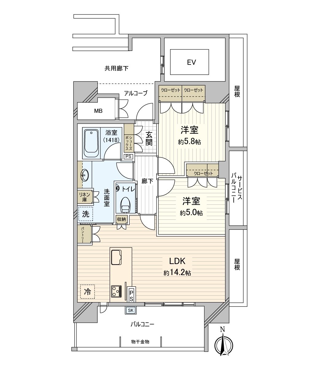 [平面圖]有餐具室以及毛巾收納處，在全居室有收納。