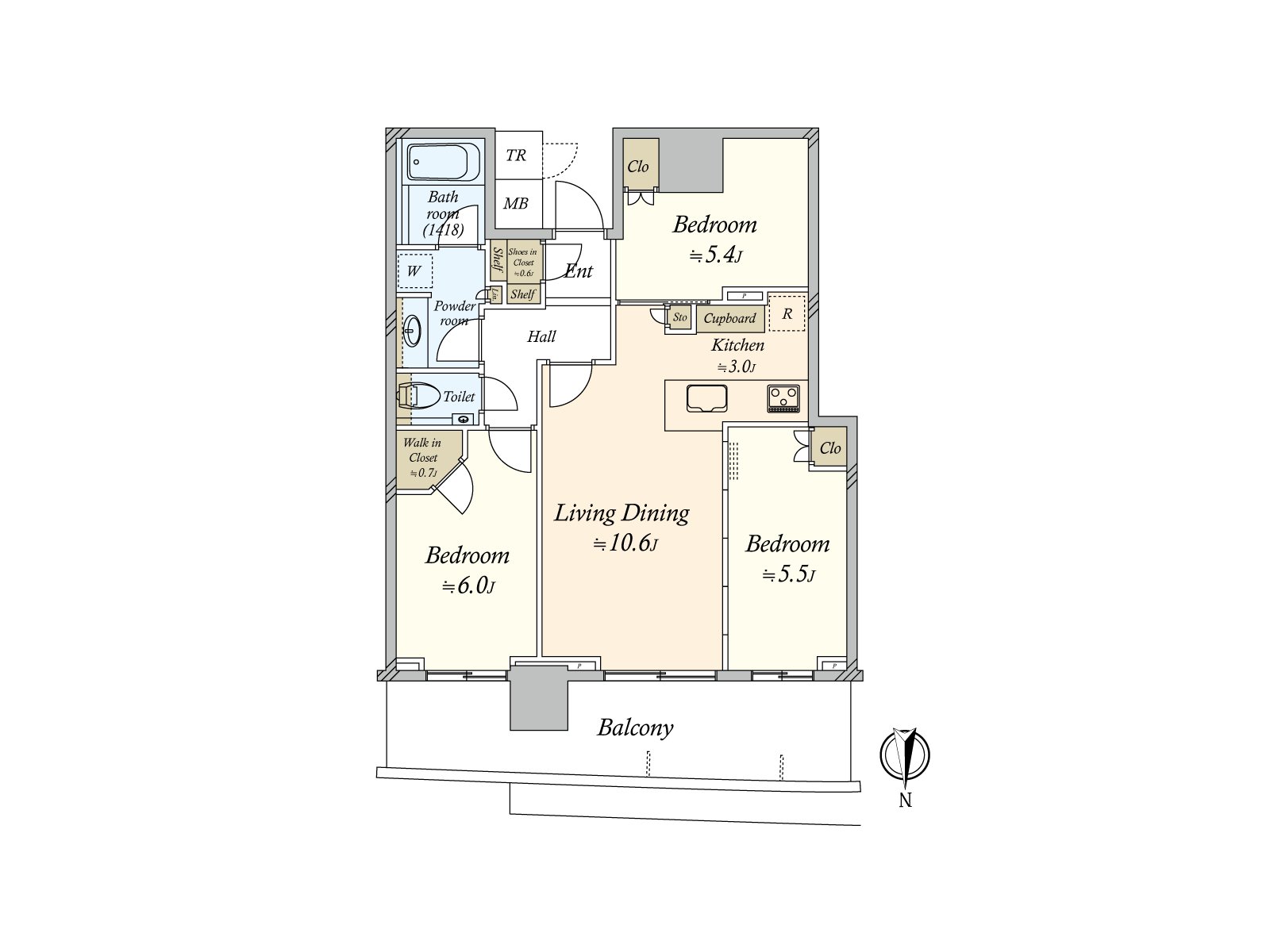 走廊部分少，并且是把空白配置在居室的房型。