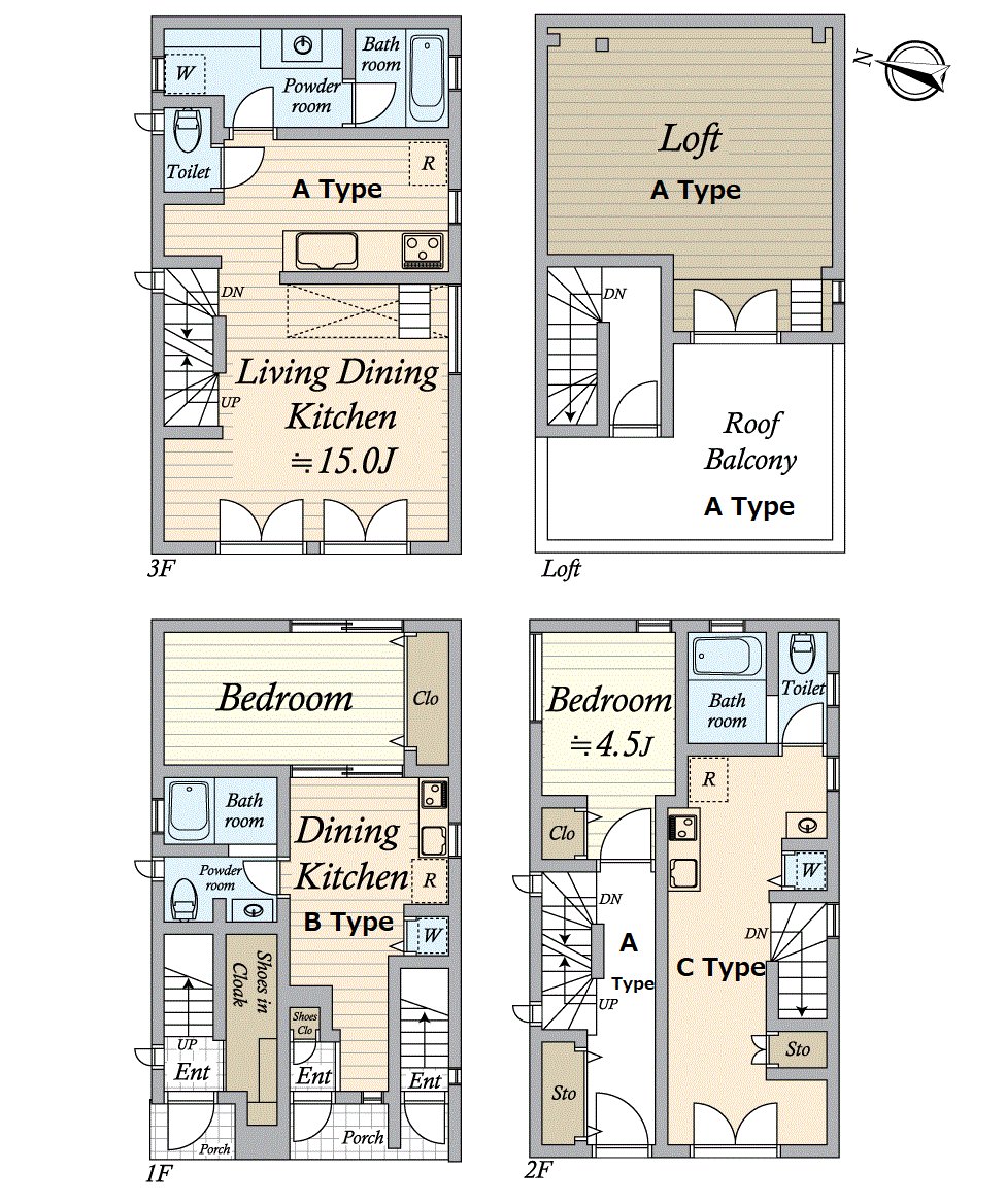 房型图A型(居住中)1LDK，B型(出租中)1DK，C型(出租中)开间
