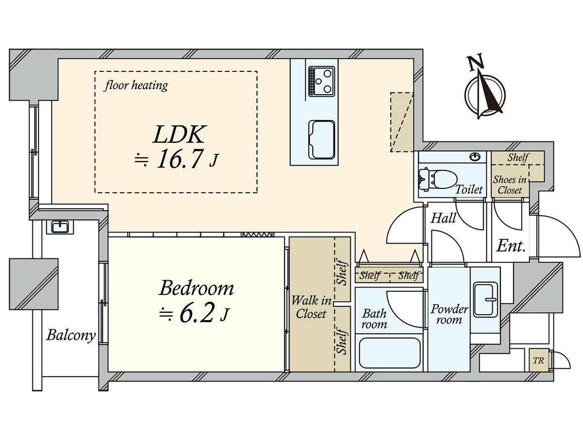 It is 54.83 square meters of exclusive area, Plan of 1LDK.