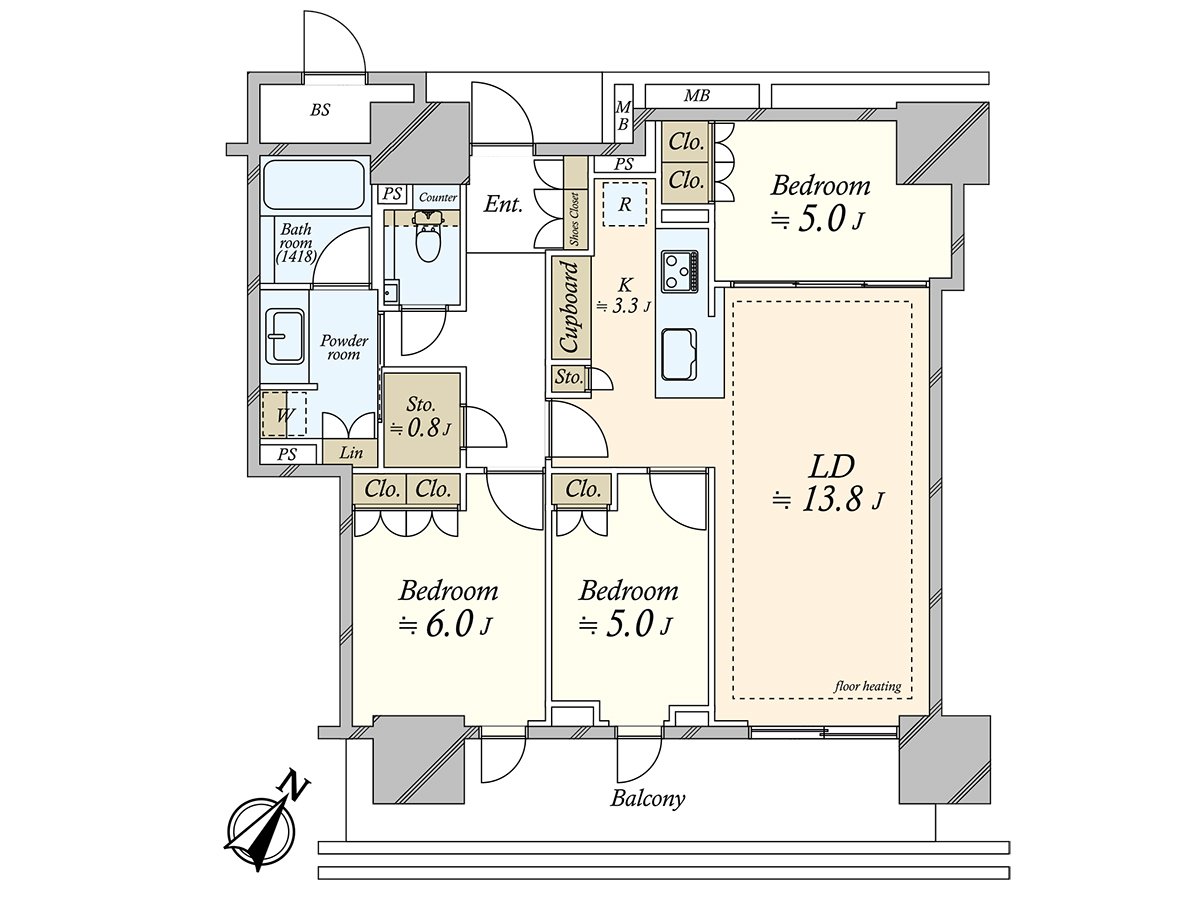 It is 76.91 square meters of exclusive area, Plan of the 3LDK. It is provided with all rooms storing.