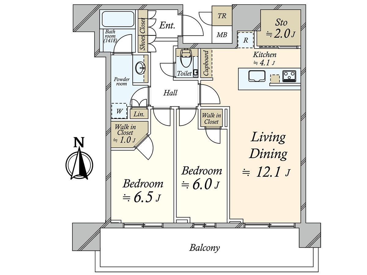 是私人使用面積70.84平方公尺，2LDK的房型。面向全居室陽台。