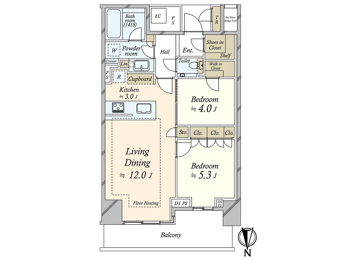It is 58.31 square meters of exclusive area, Plan of 2LDK.