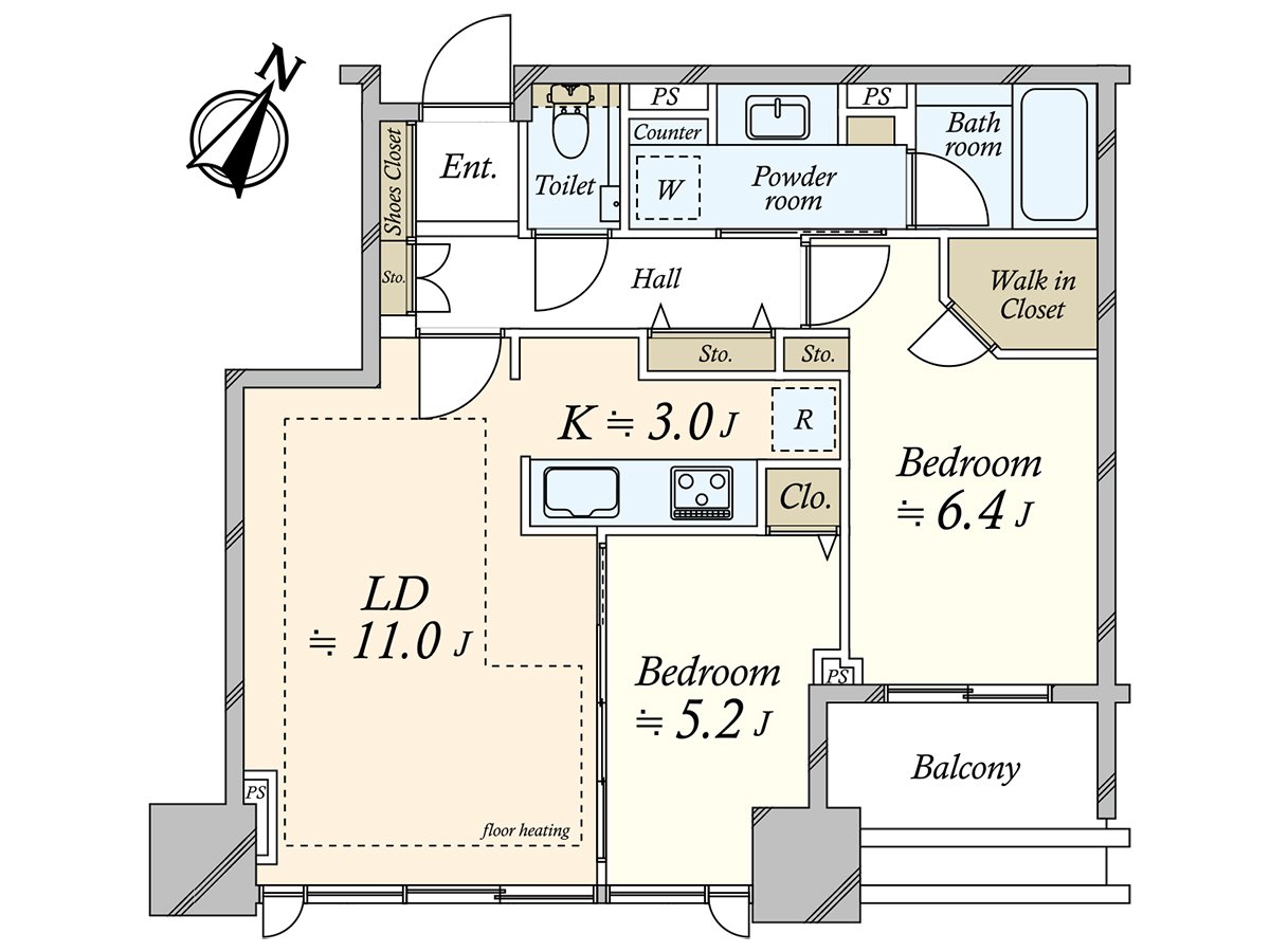 是实际使用面积60.62平米，2LDK的房型。