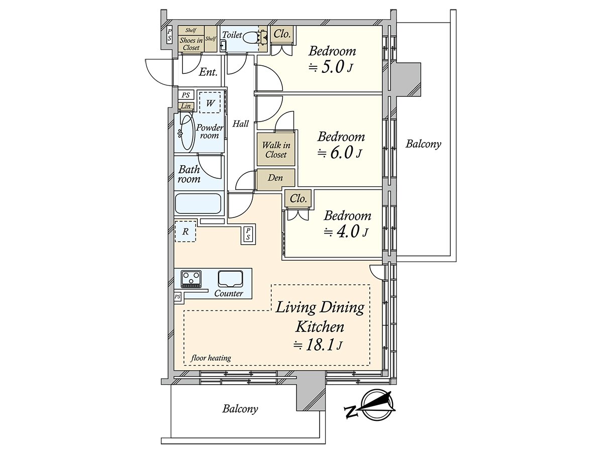 It is 72.92 square meters of exclusive area, Plan of the 3LDK. For South, West corner unit, there is all rooms lighting.