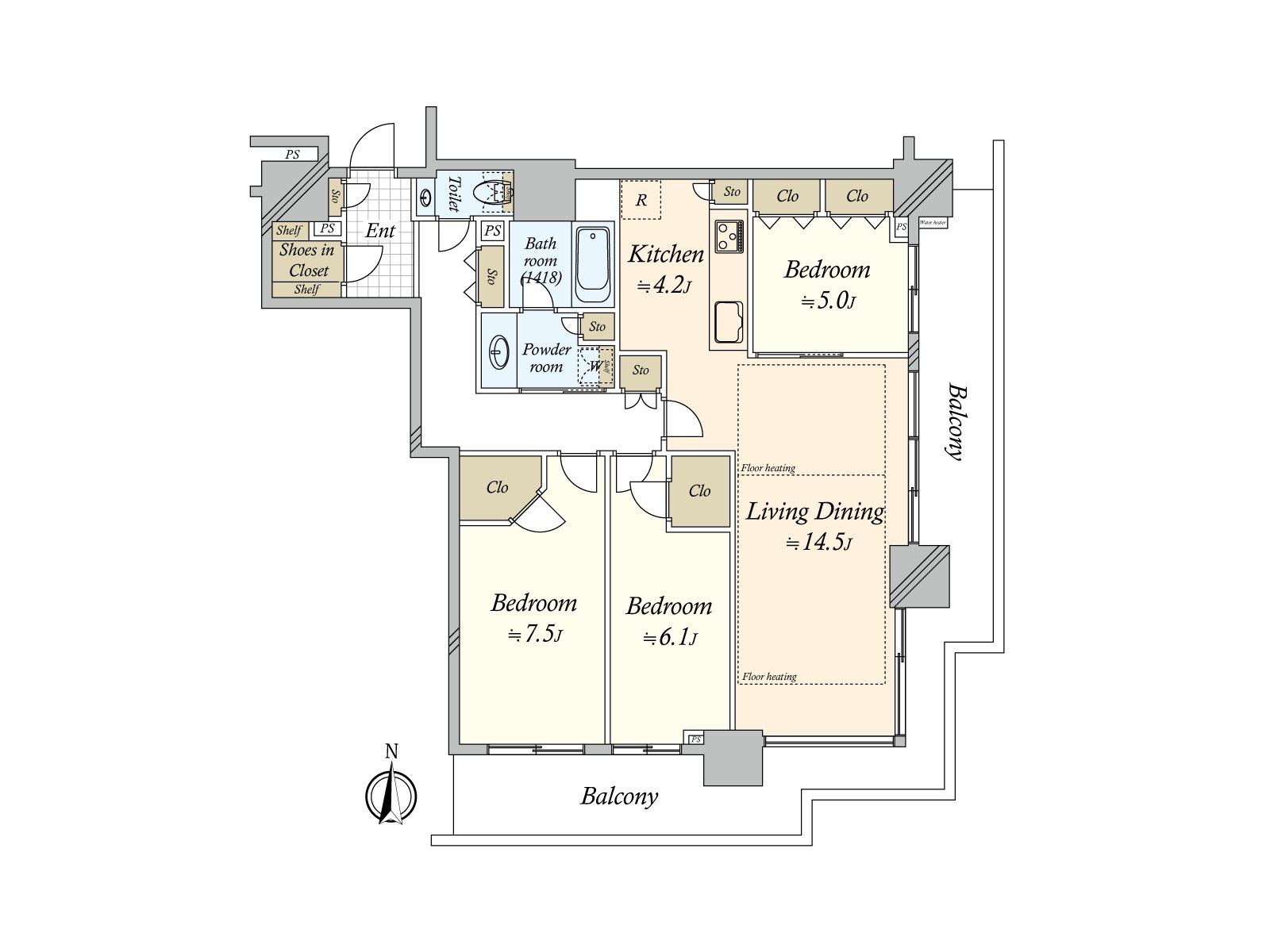 从东南采光房阳台看彩虹大桥的(依据天气好坏)90.02平米/3LDK+WIC的房型