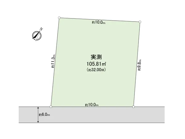【地型図】約105平米の土地。南面道路のため日照良好です。