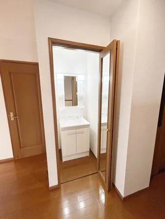 2階にも洗面化粧台が設けられています。生活感を隠せる扉付きです。