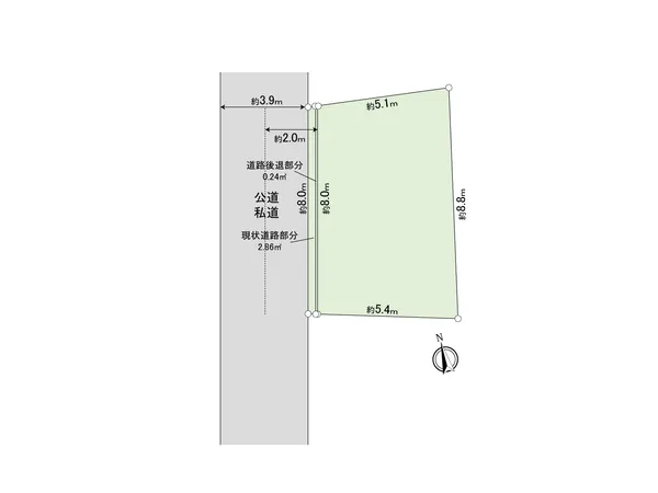 土地面積44.43平米（約13.44坪）※セットバック部分約0.24平米、現状道路部分約2.86平米を含む　スペースを有効活用しやすい整形地です。