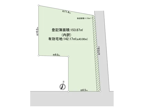 土地面積153.87平米(約46.54坪)※セットバック約11.7平米を含む