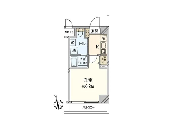 シンプルな１Kのお部屋南西向き・風呂トイレ別・室内洗濯機置き場有　8.2帖の広々洋室