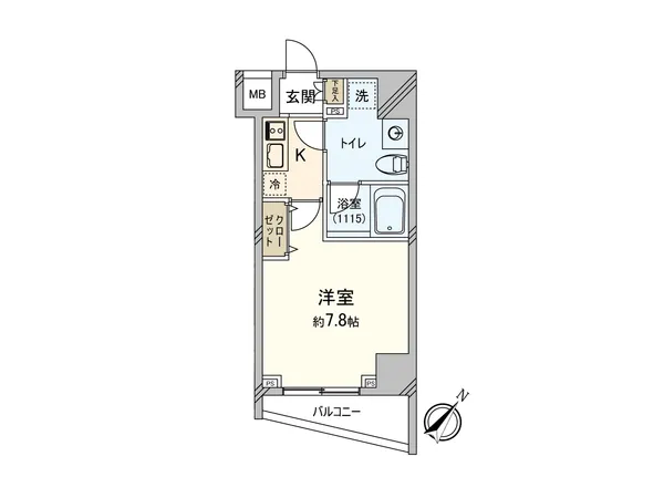 シンプルな1kの間取り風呂トイレ別・室内洗濯機置場有4階の南東向きバルコニーで通風・日当たり良好でございます。