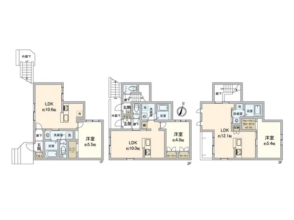 1LDK×3部屋の間取りです。
