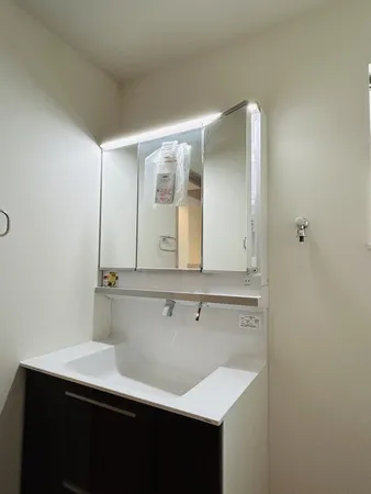 三面鏡付き洗面台が設置された洗面室。明るい照明で清潔感のある空間です。