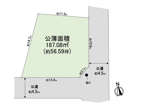松戸市河原塚　土地 敷地図（南東角の整形地です）