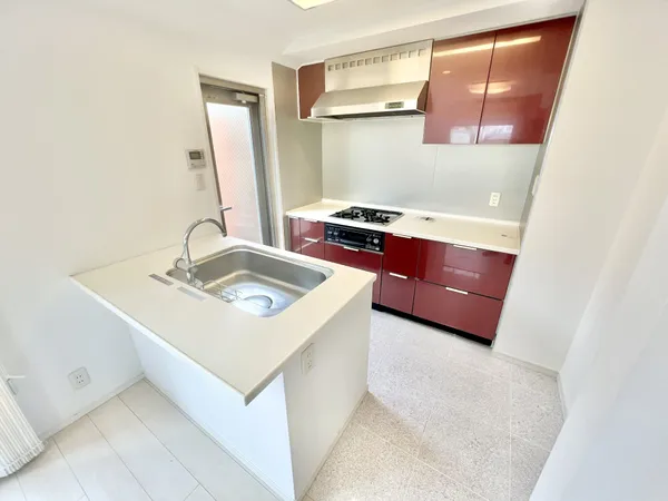 コンロ、シンク周りのスペースが充実しており、洗い物、料理等でお使いいただきやすい形となっております。