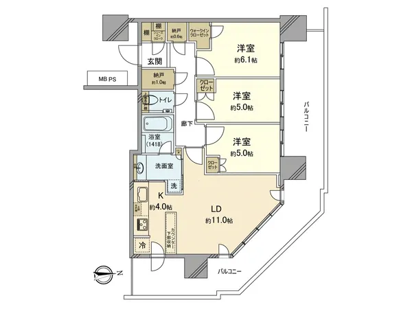 全居室がバルコニーに面した間取り。採光・通風ともに優れています。玄関にはシューズインクローゼット、廊下には約0.6帖と約1.0帖の納戸が設けられています。