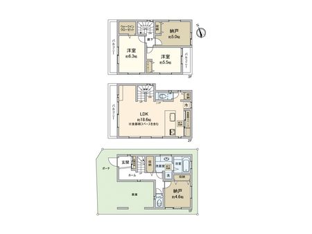 富士見市東みずほ台4丁目 土地 A区画 参考間取図（建物延べ面積99.35平米、車庫部分除く）プランは一例であり、自由に決定できます。