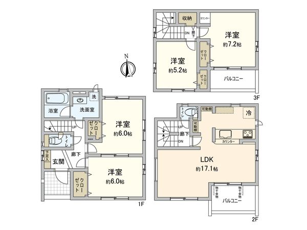 足立区栗原2丁目 新築戸建 3号棟 間取図(平面図) 足立区栗原2丁目 新築戸建 3号棟 間取図(平面図)