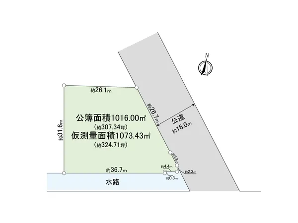 上記敷地図は仮測量図面を元に作成しており、確定図面ではありません。仮測量面積および寸周り間については、隣地境界立会等が未了のため、確定測量の結果増減する可能性があります。