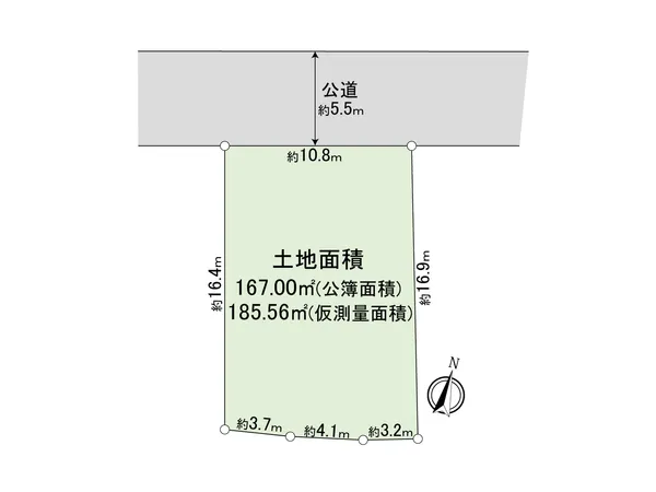 ※敷地図は仮測量図面を元に作成しており、確定図面ではありません。※仮測量面積および寸周り間については、隣地境界立会等が未了のため、確定測量の結果増減することがあります。