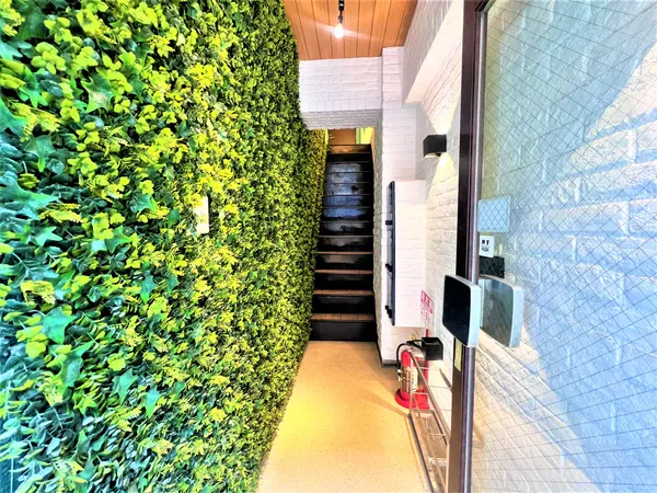 エントランスホールの写真です。壁一面にグリーンが施されており、自然の彩りを感じる明るい空間です。階段が奥に続いており、動線もわかりやすい印象です。