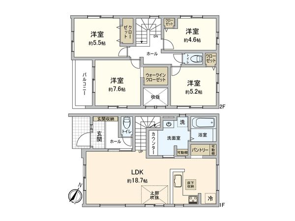 流山市江戸川台西3丁目 新築戸建2号棟 間取図(平面図)