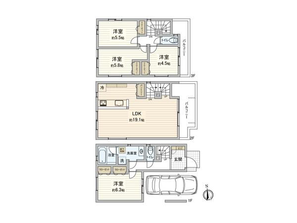 南区大岡1丁目 新築戸建1号棟 間取図(平面図) 南区大岡1丁目 新築戸建1号棟 間取図(平面図)