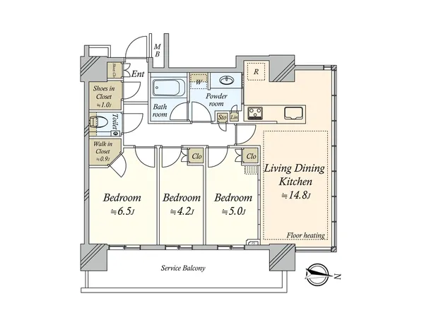地上43階地下2階建ての20階部分、東向き角住戸です。住宅、商業施設、ホテル、クリニックなどが併設された大規模複合開発マンションです。リビングダイニングには床暖房が備わっています。