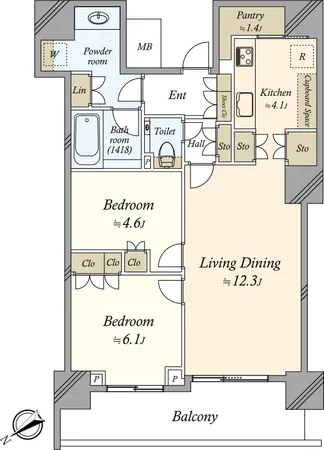 収納スペースが豊富な66.49平米北西向きの2LDKの間取りです。