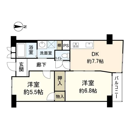 間取図専有面積51.60平米の2DKタイプ。