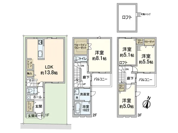 ロフト付の4LDKタイプ。１階にリビングを採用しております。