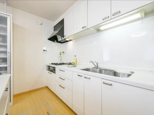 空間を有効活用できる、壁付けタイプのキッチンです。調味料や調理器具等を仕舞っていただける収納スペースが備わっています。