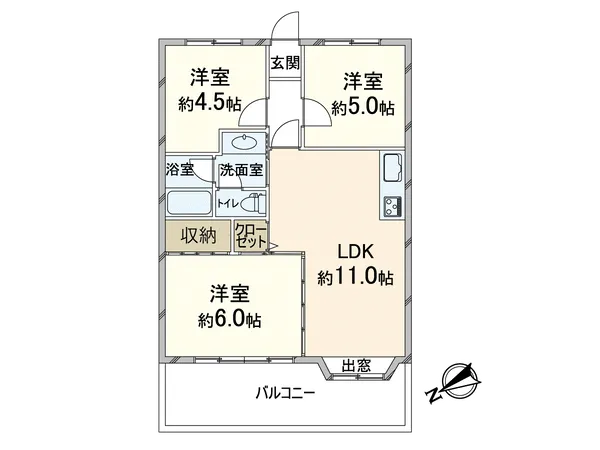 専有面積51.44平米、3LDKの間取りです。