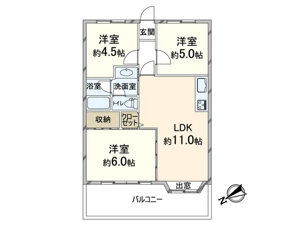 専有面積51.44平米、3LDKの間取りです。