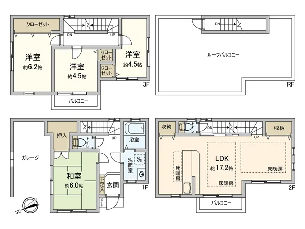 【間取図】3階建て4LDKの間取りの戸建住宅です。