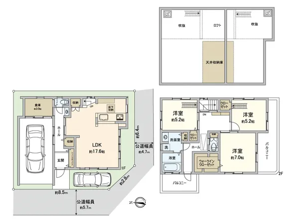 間取図、3LDK、車2台駐車可能。