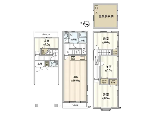 4LDK＋屋根裏収納付きの間取です。