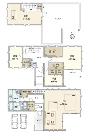 WIC、階段下収納、シューズクローク等収納量豊富な間取り