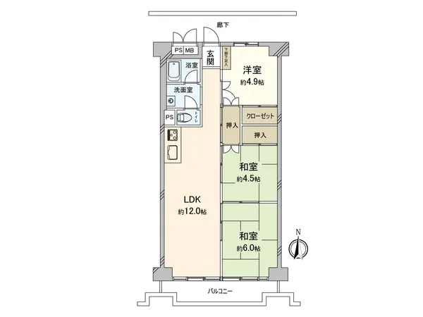 【間取図】3LDK・南向きの間取り。