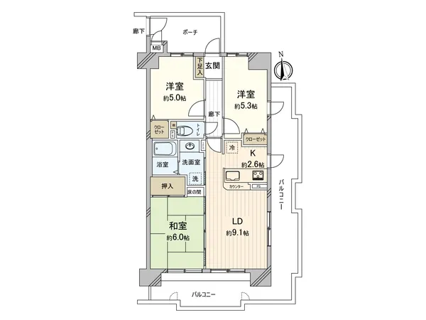 陽当り・眺望良好の南東角住戸。クローゼットや押し入れなど室内随所に収納があり、住空間をすっきりと保つことができます。