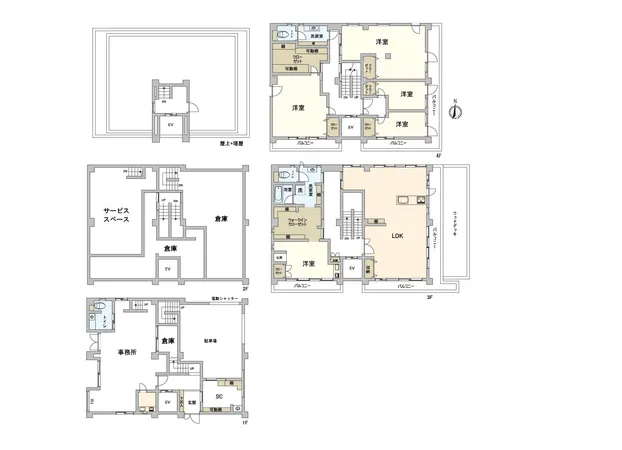 【間取図】駐車スペース付4階建ての建物です。