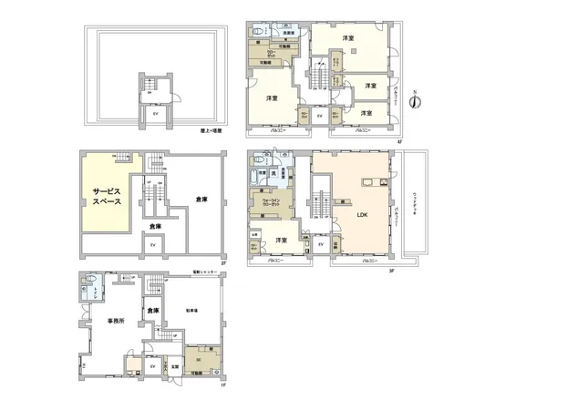 【間取図】駐車スペース付4階建ての建物です。