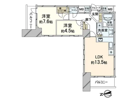 11階部分の2LDK,北西角住戸でございます。